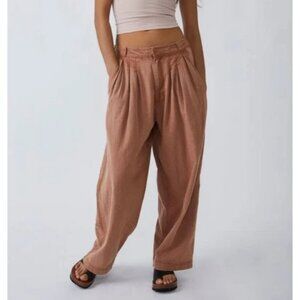 Free People Womens Lotta Love Linen Rust High-Waisted Wide-Leg Pants Size 4